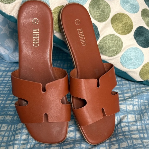 Rihero Women's Brown Square Toe Slide Faux Leather Sandals Size 8 - Picture 2 of 5